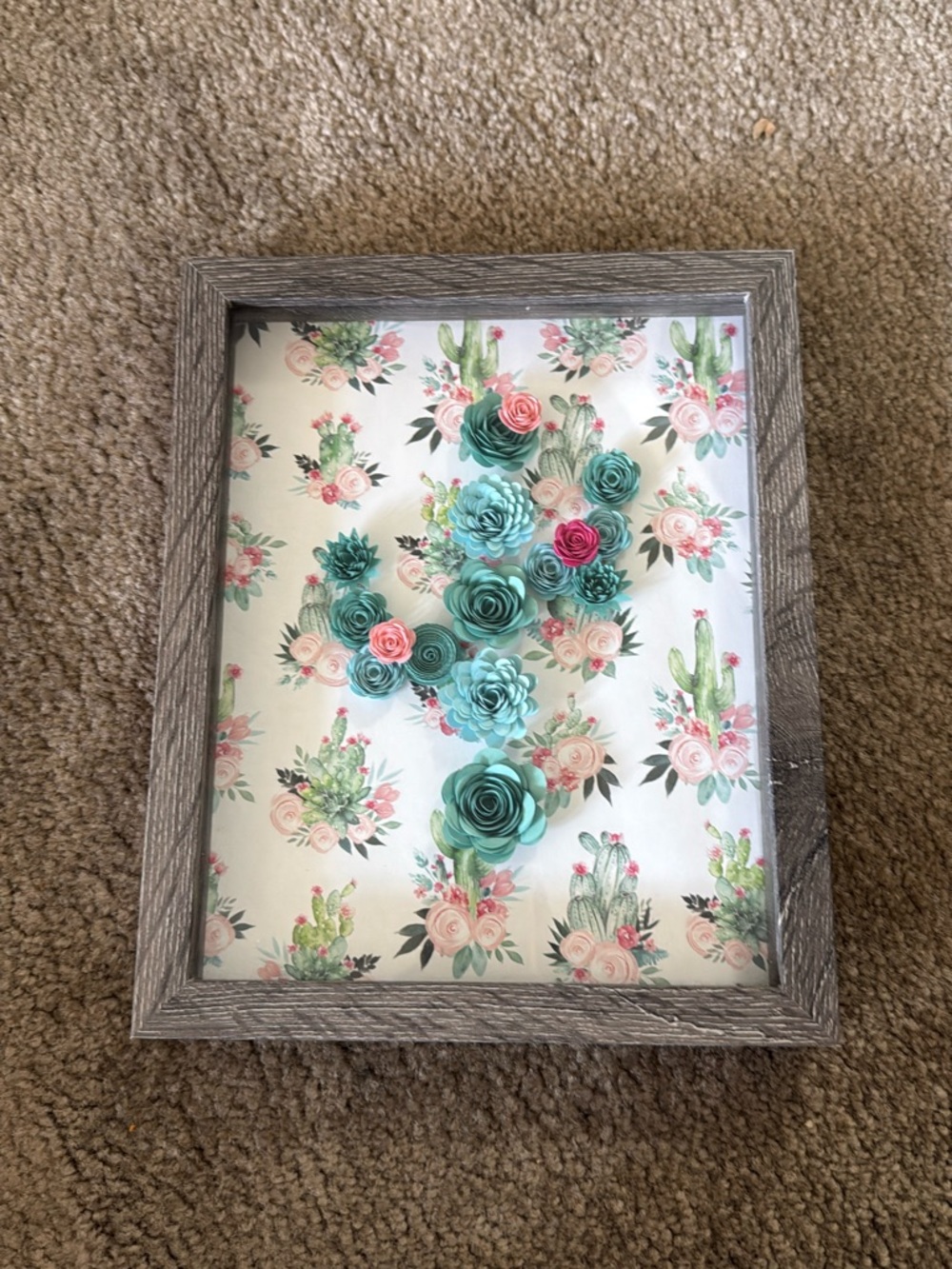 Handmade Paper Succulent Wall Art in Gray Frame
